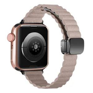 Magnetic leather loop watch strap and case replacement for Apple Watch ultra 9 8 7 6 rose gold