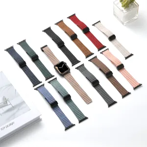 Magnetic leather watch band compatible with Apple Watch, stylish folding clasp design, multi-color.