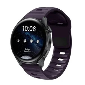 Round smartwatch with purple silicone strap displaying digital time and moon phase screen.