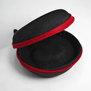 Close-up of portable black and red zipper storage case with soft interior lining.