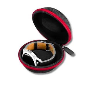 Portable hard shell watch storage box detail view with black and red zipper design.