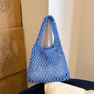 Blue woven mesh shoulder bag, minimalist crochet underarm handbag, casual daily purse for women.
