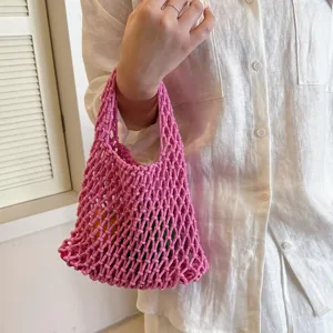 Chic pink woven mesh bag women minimalist summer handbag casual beach shoulder purse