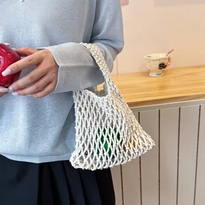 Woven mesh tote bag casual knit handbag hollow out grocery bag aesthetic shoulder bag