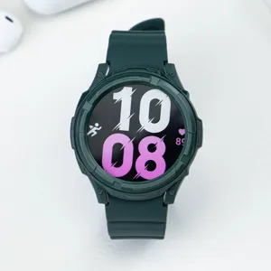 Detail view of dark green silicone strap and TPU armor case set for smart watch protection.