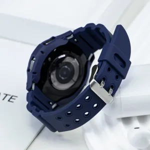 Dark blue silicone watch strap and protective case set, durable and comfortable for daily wear.