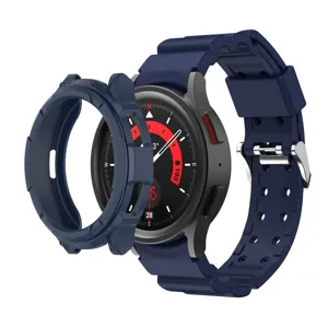 Blue silicone watch strap and TPU protective case armor set compatible with smart watch.