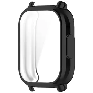 Gedetailleerd overzicht van de zwarte smartwatch beschermhoes met helder scherm en uitsparingen.