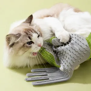 Pet grooming glove for cats and dogs, silicone deshedding brush massage tool for pet hair removal.