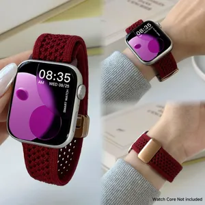 Detailed view of dark red braided nylon magnetic watch band showing texture and metal clasp.