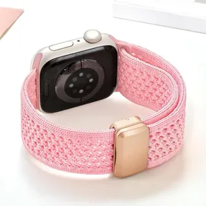 Pink knitted nylon magnetic strap for smart watch, breathable woven replacement band detail.