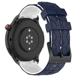 Gedetailleerd overzicht van de siliconen horlogeband, blauw-witte geometrisch patroon, 22mm.