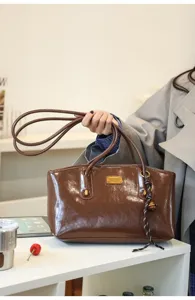 Brown patent leather tote shoulder bag for women, casual lightweight commute large bag.