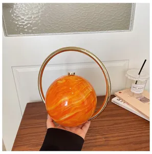 Orange marble acrylic round evening bag with metal ring handle for women chic fashion party handbag