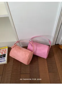 Bolso bandolera cilíndrico de ante rosa de verano, elegante bolso Boston versátil.