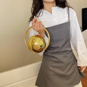 Metal round sphere handbag with ring handle, exquisite niche design for evening parties.