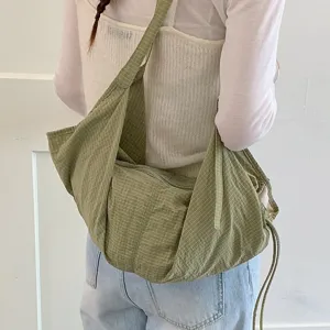 Casual green grid canvas shoulder bag, large capacity hobo tote for daily commute and school.