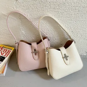 Minimalistische PU Leder Beuteltasche Für Damen Lychee Muster Schulter Unterarm Tasche Drehverschluss Pendeln Handtasche