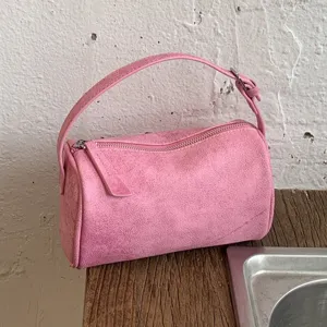 Bolso Boston mini de ante rosa para mujer, elegante bolso de mano tipo almohada para verano.