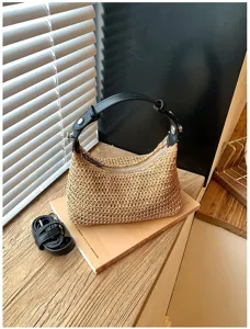Schicke Stroh gewebte Schultertasche für Damen, Sommer Strand Hobo Handtasche mit Griff.