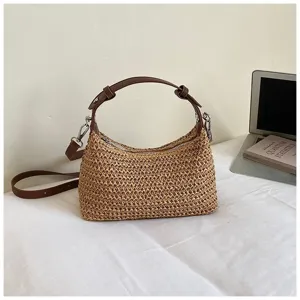 Damen sommer stroh geflochtene schultertasche freizeit strand umhängetasche mit ledergriff