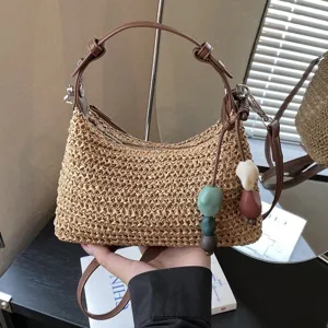 Sommer geflochtene Stroh Umhaengetasche Damen modische Strand Tasche laessige Handtasche perlen