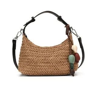 Sommer geflochtene Stroh Hobo Umhängetasche für Damen, lässige Strand Umhängetasche mit Perlen.