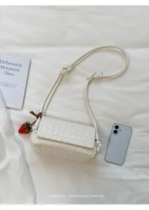 Trendy white woven leather shoulder bag women stylish crossbody purse with knot strap