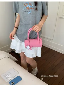 Korean style solid color leather handbag baguette bag for women, chic pink shoulder purse.