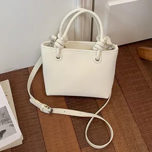 Weiße Eimer Handtasche mit Knotengriffen, schicke Umhängetasche für Damen Alltag.