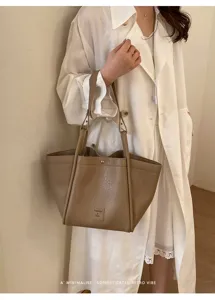 Sac cabas minimaliste rétro en cuir PU kaki, grande capacité, sac d'épaule décontracté.