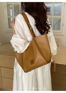 Sac cabas en cuir PU marron grande capacité sac porté épaule décontracté style rétro minimaliste