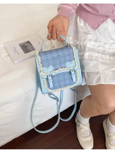 Sweet blue plaid mini backpack with lace trim and bows, stylish cute daily small school bag
