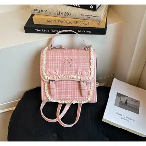 Pink tweed mini backpack with sweet bow, stylish commuter small school bag for women.