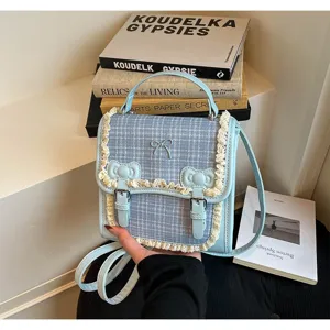 Light blue plaid mini backpack detail showing sweet lace trim, cute bow and buckle features.