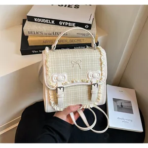 Mini plaid backpack for women, cute commuter school bag with bows and lace trim details.