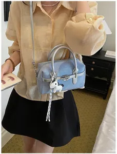 Blue denim shoulder bag with silver handle stylish women casual crossbody pillow bag