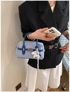 Blue denim top handle handbag stylish contrast color retro casual women shoulder bag
