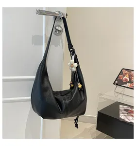 Schwarze Leder Hobo Tasche fuer Damen stylische Umhaengetasche Freizeittasche Alltag Tasche