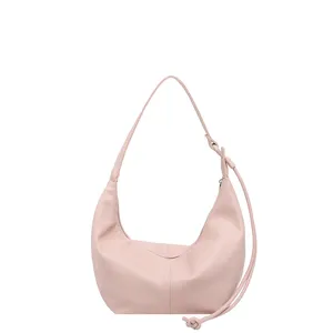 Rosa Leder Hobo Schultertasche fuer Damen, elegante Halbmond Handtasche fuer Alltag.