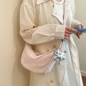 Bolso Dumpling de Cuero PU Dulce Francés Bolso de Hombro Cruzado de Moda Color Sólido Colgante Estrella Bolso de Mujer para Viaje Diario