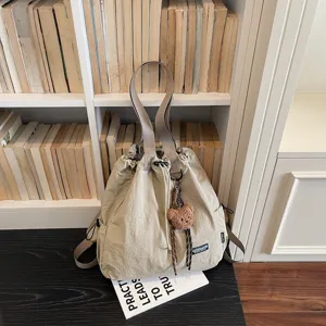 Canvas drawstring backpack bucket bag casual commuting school daypack with cute bear pendant