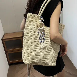 Damen Stroh Tote Tasche große Kapazität Schulter Handtasche mit schickem bösen Blick Anhänger.
