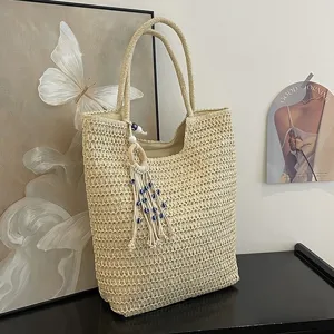 Damen Mode Stroh Gewebte Tragetasche Große Kapazität Lässige Strand Umhängetasche Mit Quaste Böser Blick Anhänger Urlaub Handtasche