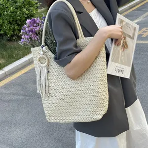 Damen Strohgewebte Shopper Tasche Grosse Kapazitat Umhängetasche mit Quasten Dekoration