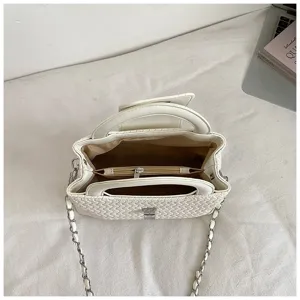White woven crossbody bag for women, elegant top handle chain purse with compartment interior.