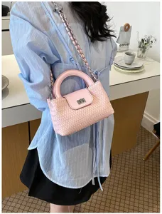 Pink woven leather shoulder bag with top handle and chic chain strap for daily wear.