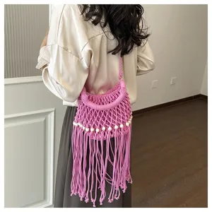 Zomer geweven handtas voor dames handgemaakte macrame franje schoudertas roze vrijetijd