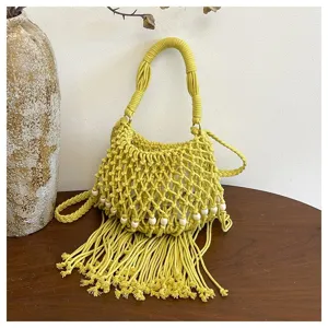 Gele macrame geweven crossbody tas uitgeholde kwast schoudertas casual zomertas strandtas