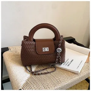 Brown woven leather top handle crossbody bag stylish shoulder bag for women daily use